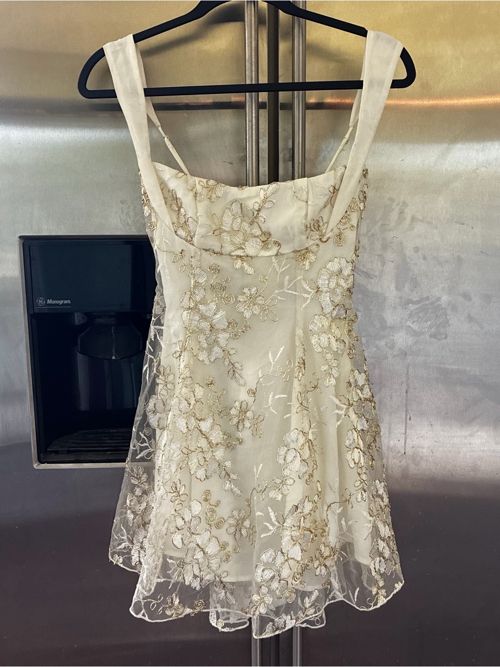 Lucy in the Sky Ivory Mini Dress with Gold Floral Embroidery